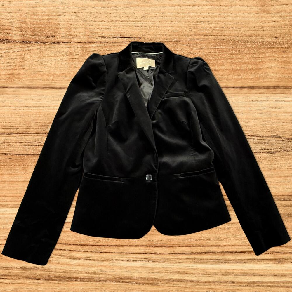 Banana Republic Black Velvet Puff Shoulder Tailored Blazer Jacket Size 10 - Picture 2 of 11